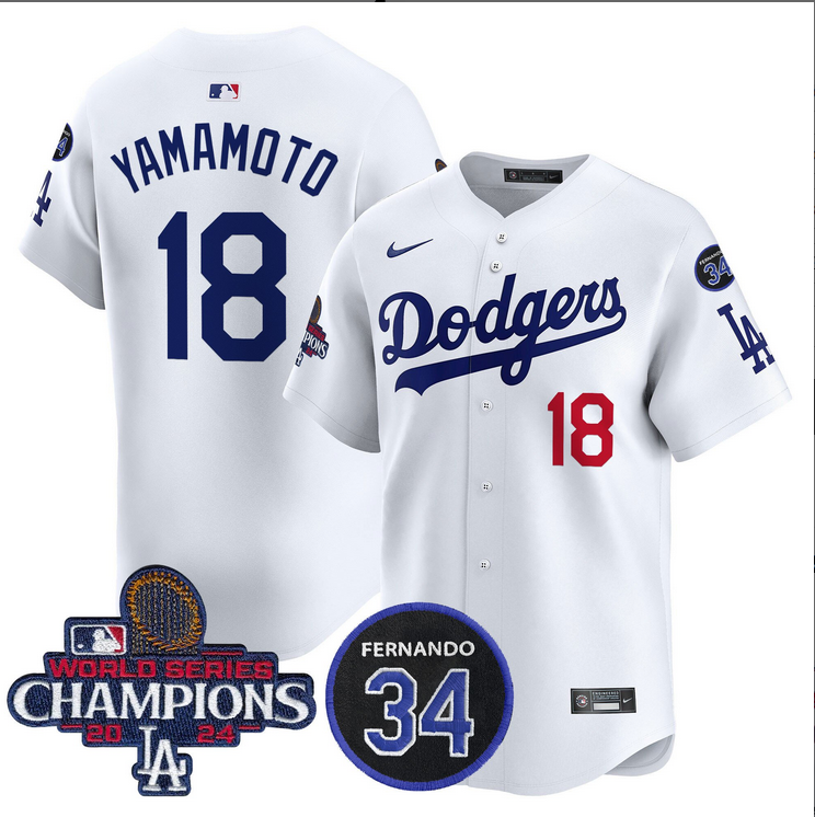 Men MLB Los Angeles Dodgers #18 Yamamoto white 2024 World Series Champions Patch Limited Jersey